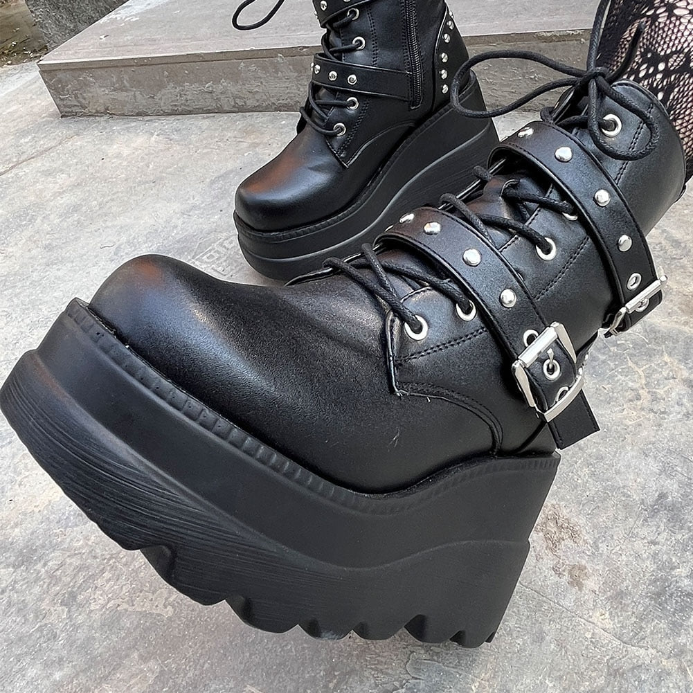 Funki Findz | Boots | Women's Punk Platform Ankle Wedge Boots
