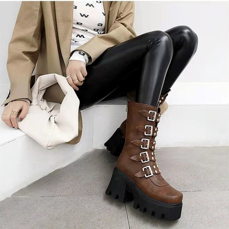 Funki Findz | Boots | Women's Chunky Mid-Calf Buckle Boot