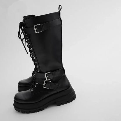 Funki Findz | Boots | Women's Knee High Silver Chain Biker Boot