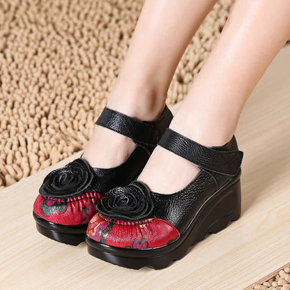 Funki Findz | Shoes | Women's Cute Red Flower Leather Wedges