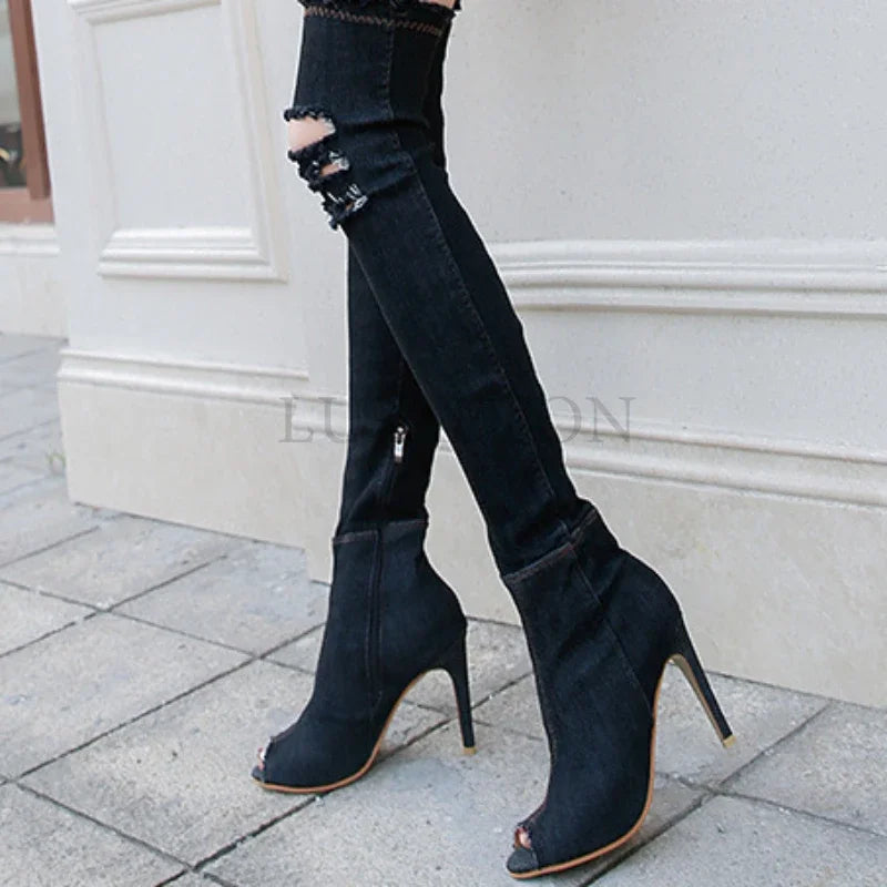 Funki Findz | Boots | Women's Denim Over Knee Stiletto Boots