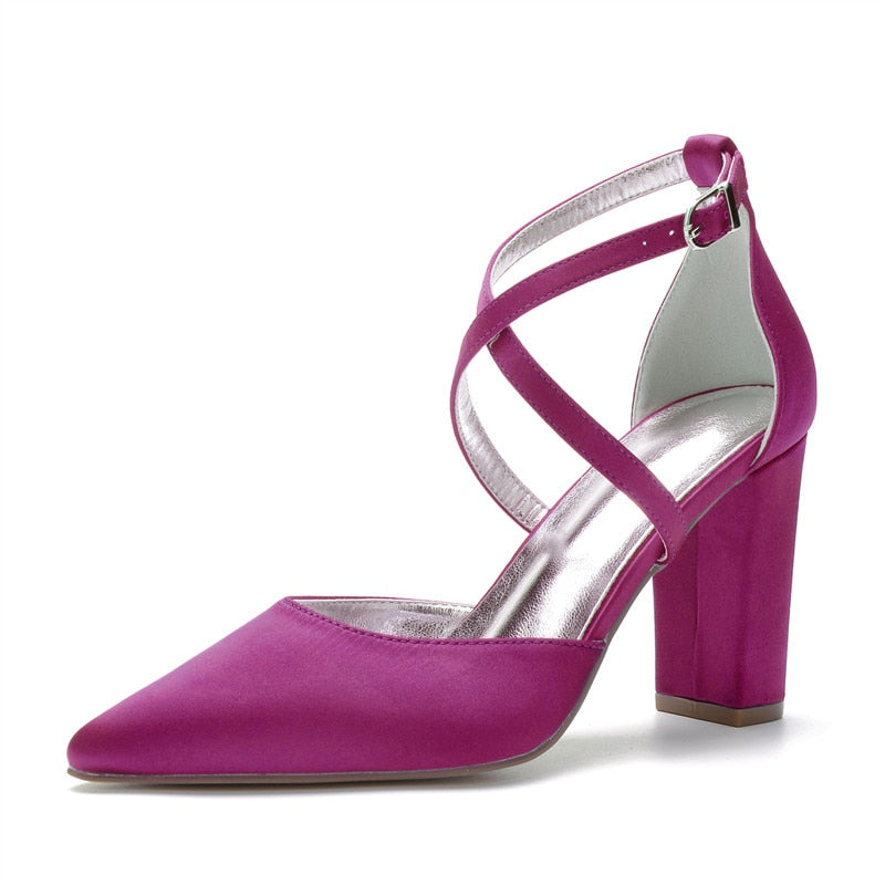 Funki Findz | Shoes | Women's Cross Strap Satin Block Heels