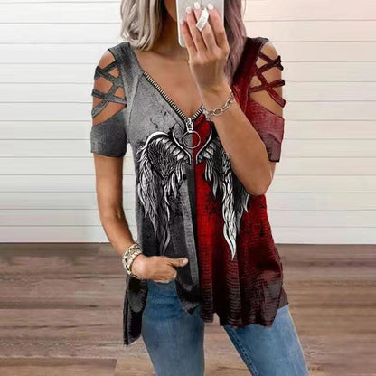Funki Findz | Shirts | Women's Cross Strap Short Sleeve Zip Shirt