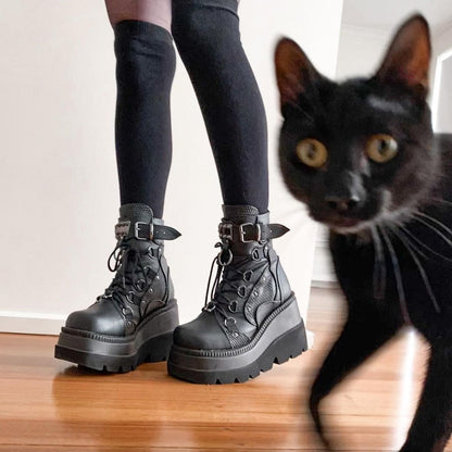 Funki Findz | Boots | Women's Goth Lace Up Platform Wedges