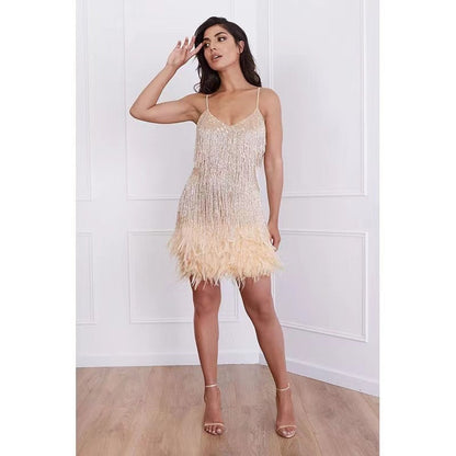 Funki Findz | Dresses | Women's Sequin Feather Fringe Dress