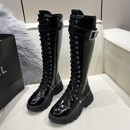 Funki Findz | Boots | Women's Patent Buckle Strap Lace Up Boot