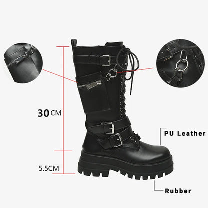 Funki Findz | Boots | Women's Knee High Silver Chain Biker Boot