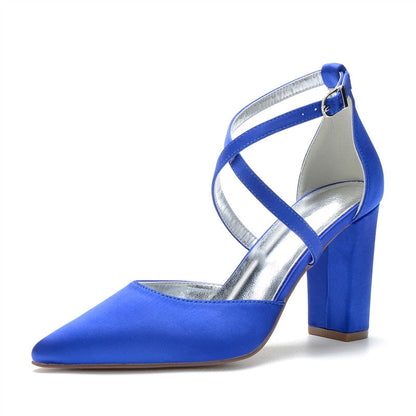 Funki Findz | Shoes | Women's Cross Strap Satin Block Heels