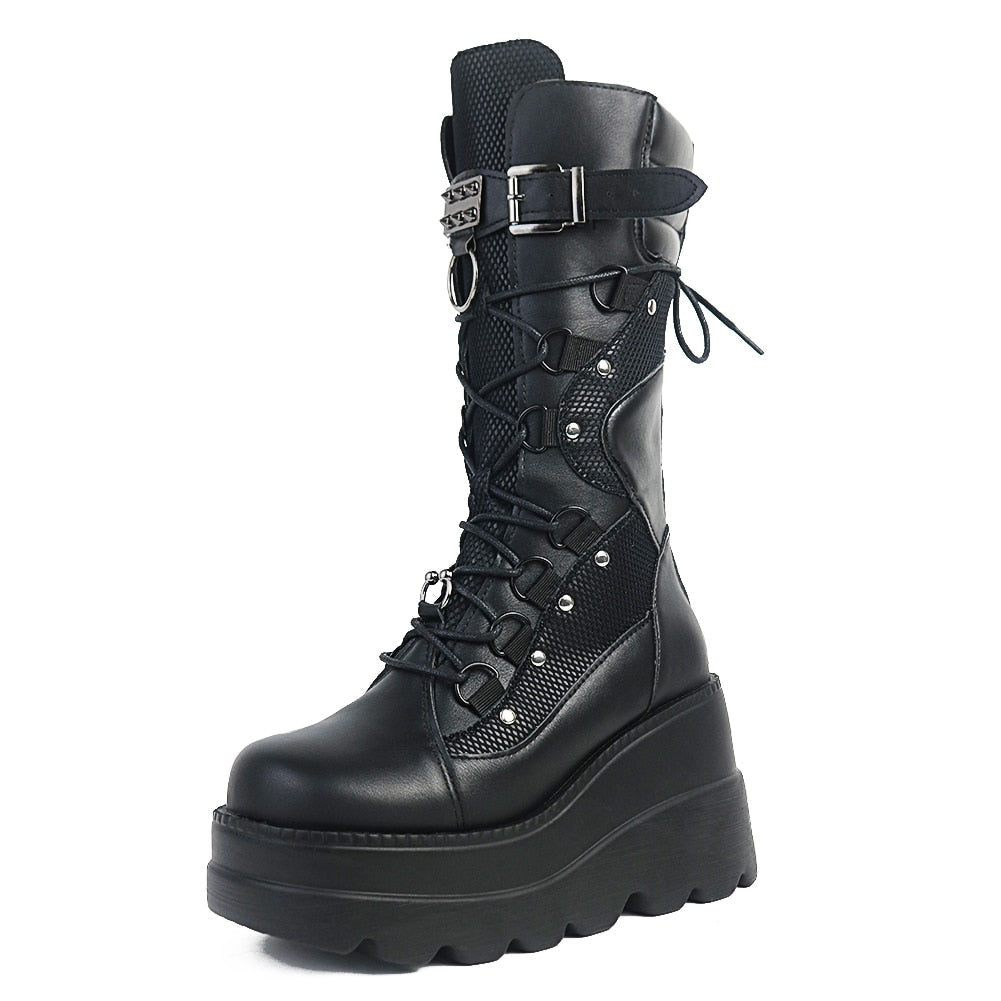 Funki Findz | Boots | Women's Goth Lace Up Platform Wedges