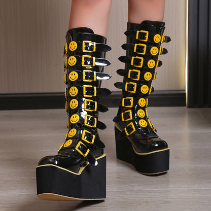 Funki Findz | Boots | Women's Black Yellow Smiley Face Boots