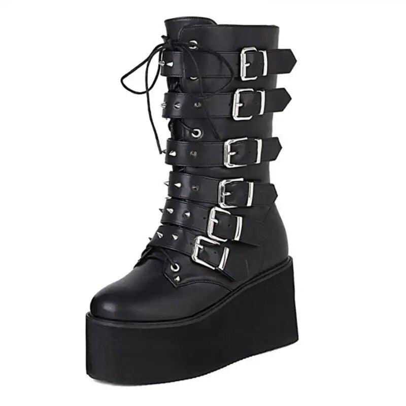 Funki Findz | Boots | Women's Buckle Strap Wedge Biker Boots