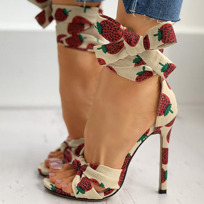 Funki Findz | Shoes | Women's Canvas Fruit Print Ankle Tie Heels