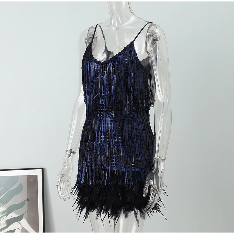 Funki Findz | Dresses | Women's Sequin Feather Fringe Dress