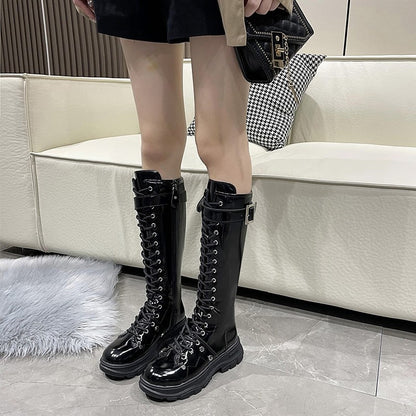 Funki Findz | Boots | Women's Patent Buckle Strap Lace Up Boot