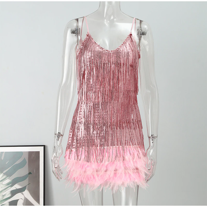 Funki Findz | Dresses | Women's Sequin Feather Fringe Dress