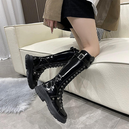 Funki Findz | Boots | Women's Patent Buckle Strap Lace Up Boot