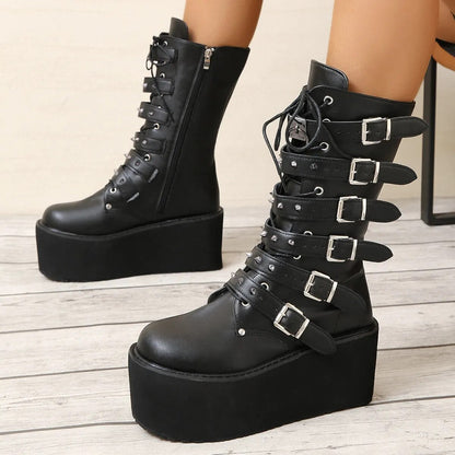 Funki Findz | Boots | Women's Buckle Strap Wedge Biker Boots