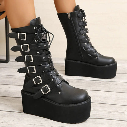 Funki Findz | Boots | Women's Buckle Strap Wedge Biker Boots