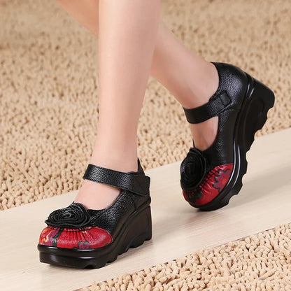 Funki Findz | Shoes | Women's Cute Red Flower Leather Wedges