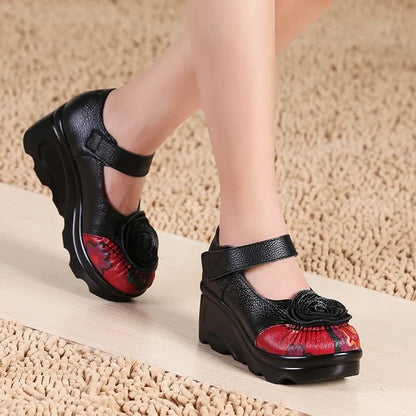 Funki Findz | Shoes | Women's Cute Red Flower Leather Wedges