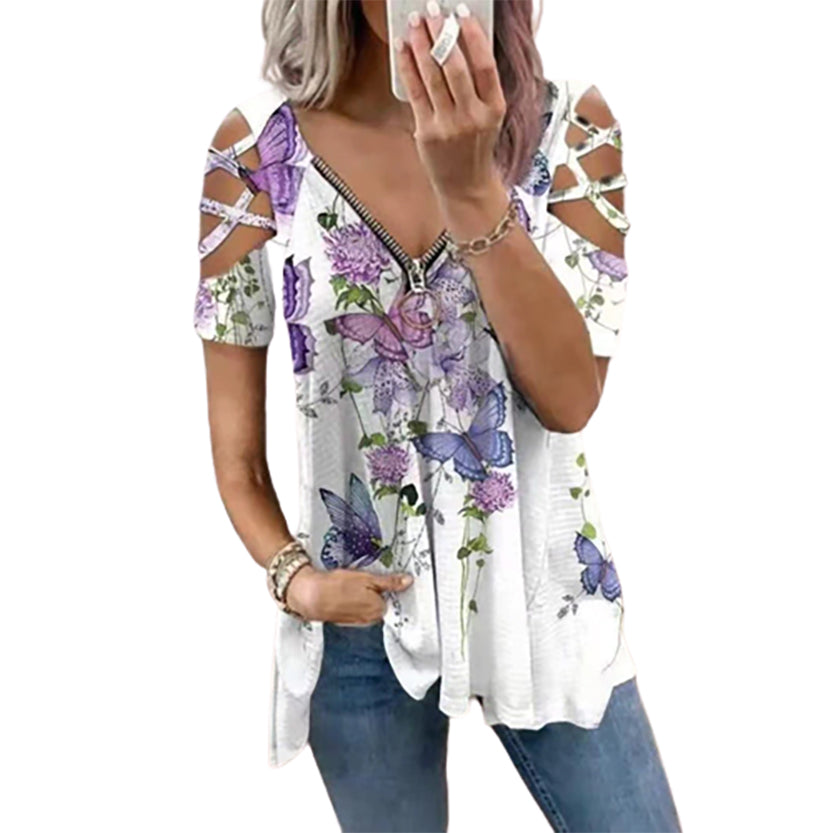Funki Findz | Shirts | Women's Cross Strap Short Sleeve Zip Shirt
