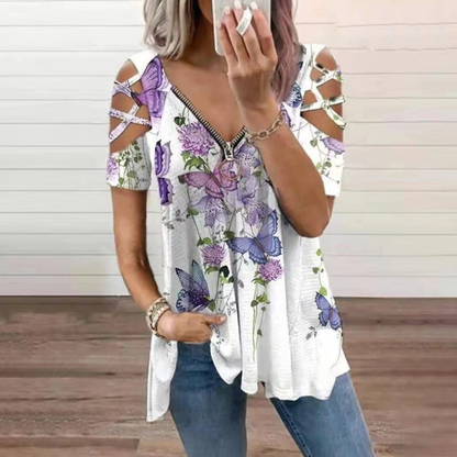 Funki Findz | Shirts | Women's Cross Strap Short Sleeve Zip Shirt