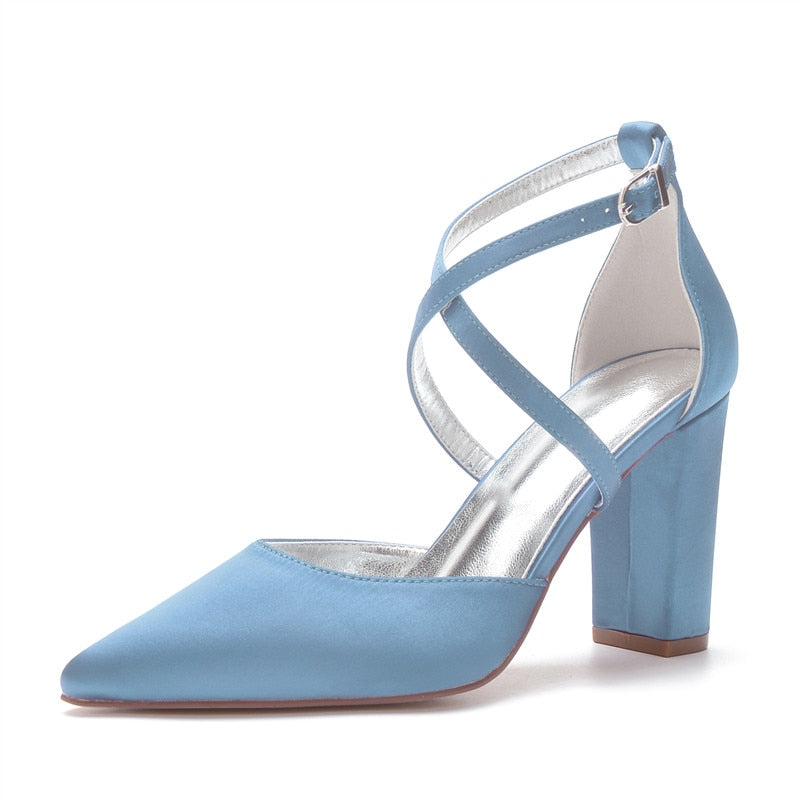 Funki Findz | Shoes | Women's Cross Strap Satin Block Heels