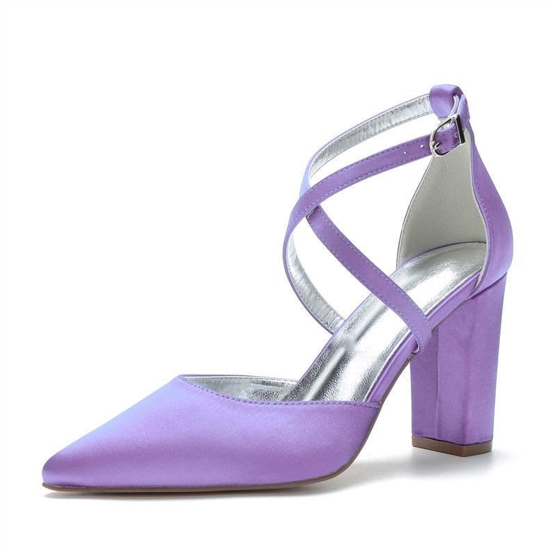 Funki Findz | Shoes | Women's Cross Strap Satin Block Heels