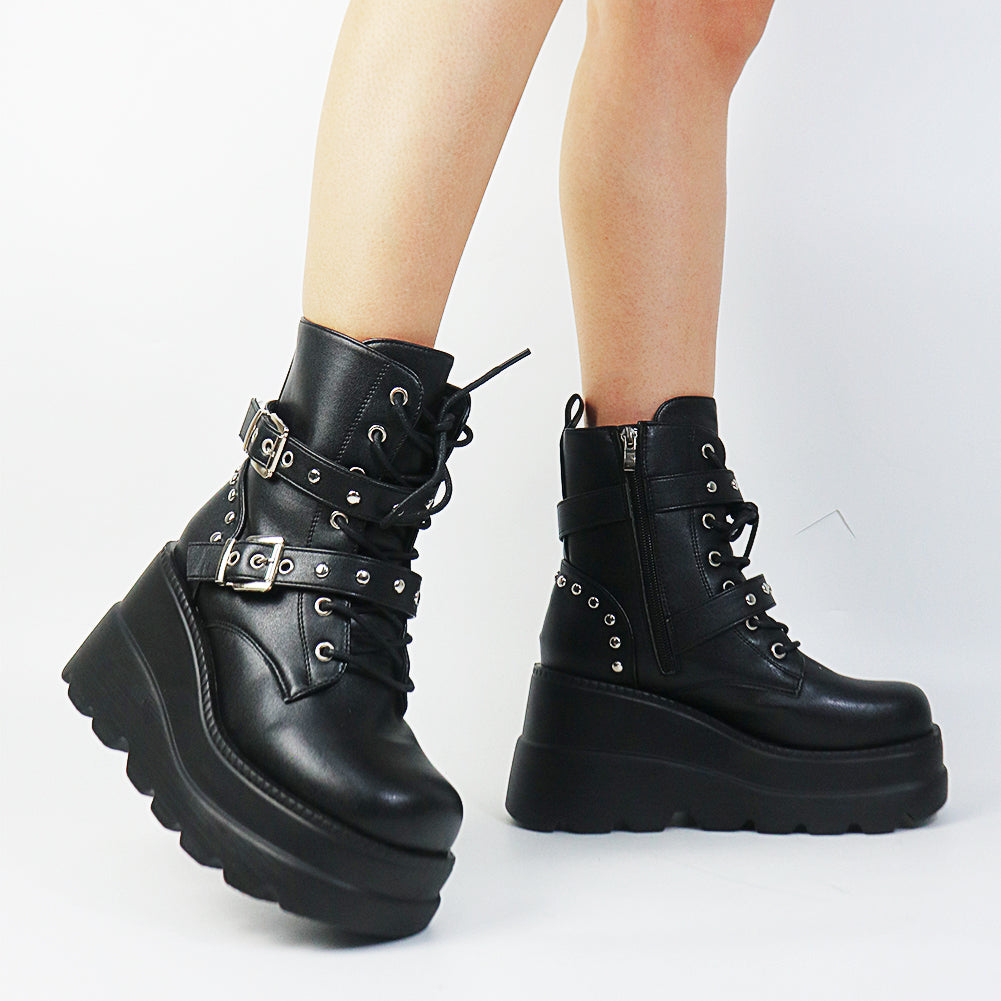 Funki Findz | Boots | Women's Punk Platform Ankle Wedge Boots