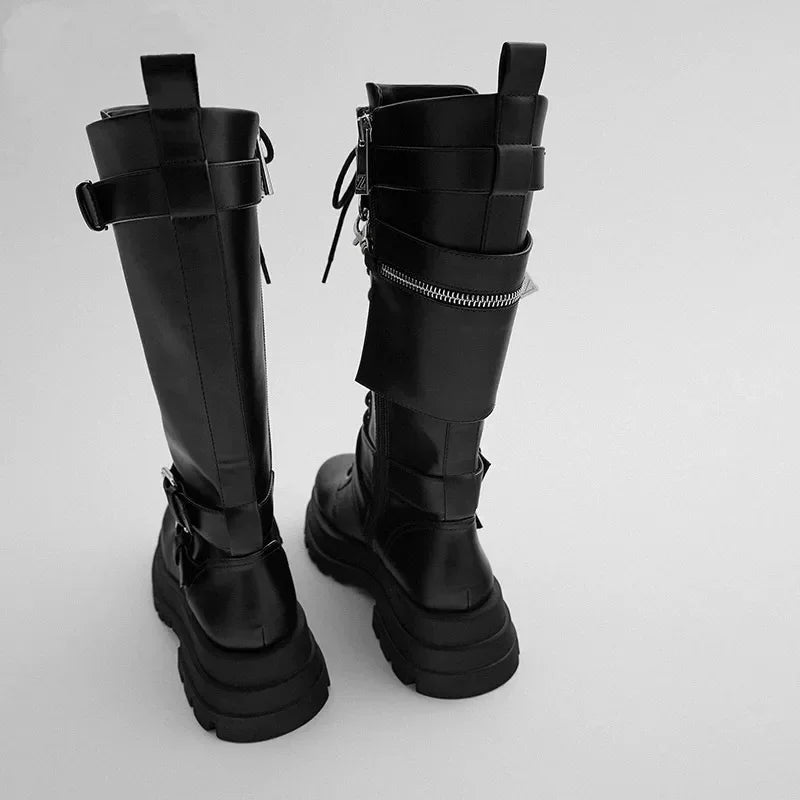 Funki Findz | Boots | Women's Knee High Silver Chain Biker Boot