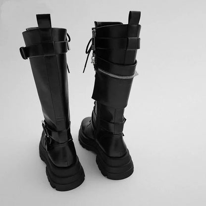 Funki Findz | Boots | Women's Knee High Silver Chain Biker Boot