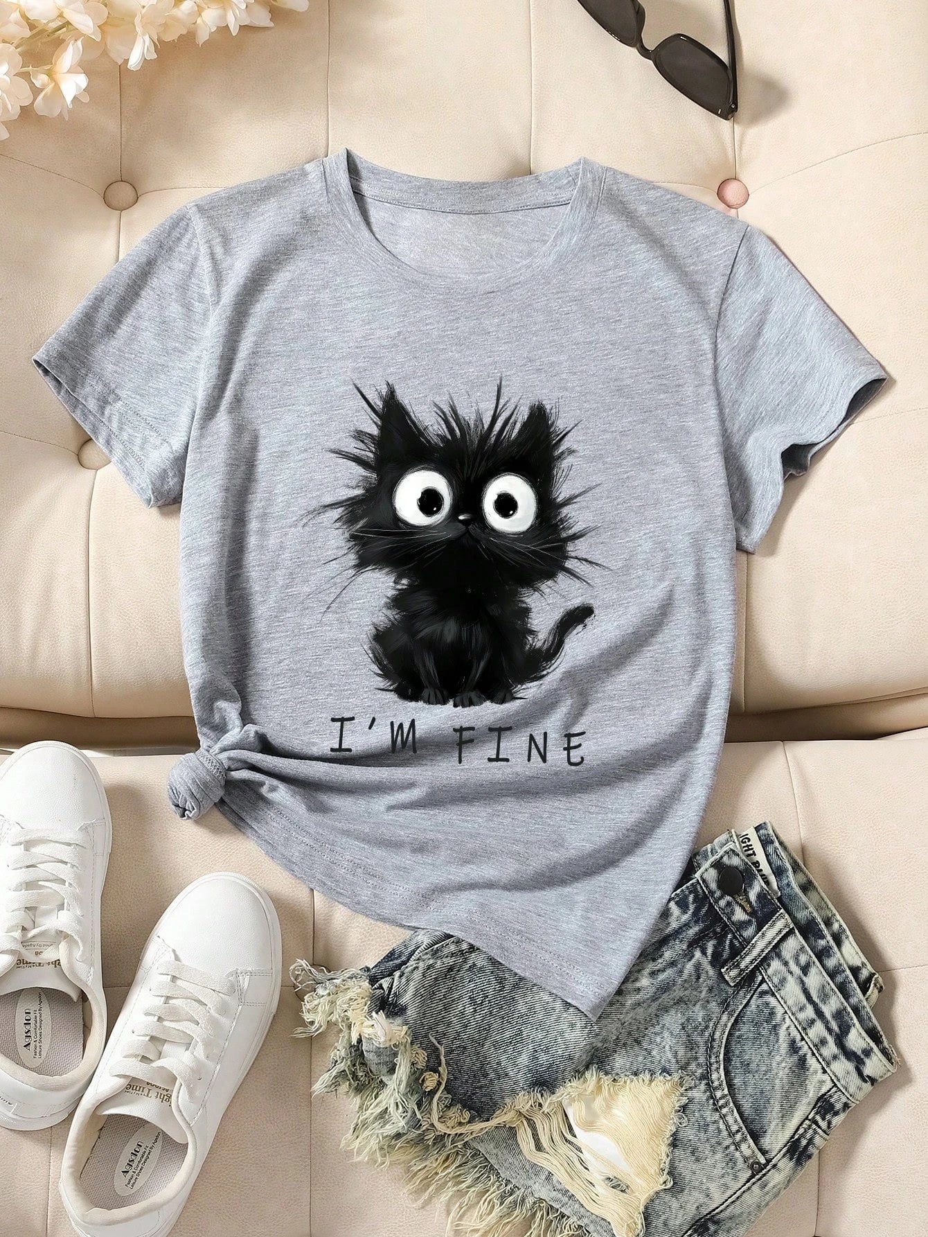 Funki Findz | Shirts | Women's Cute Cat "I'm Fine" Printed T-Shirt