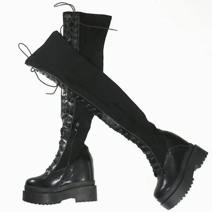 Funki Findz | Boots | Women's Leather Over Knee Wedge Boots