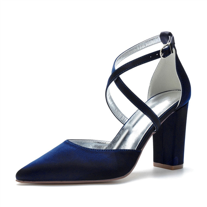 Funki Findz | Shoes | Women's Cross Strap Satin Block Heels