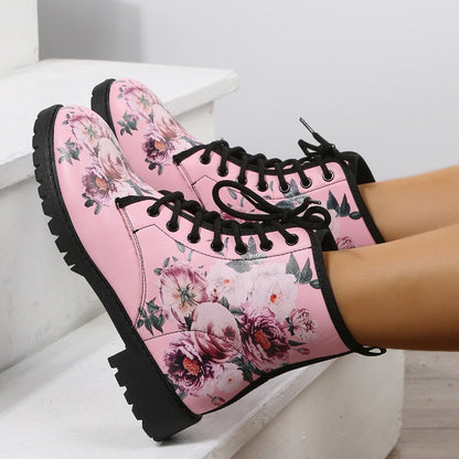Funki Findz | Boots | Women's Floral Rose Print Flat Ankle Boots