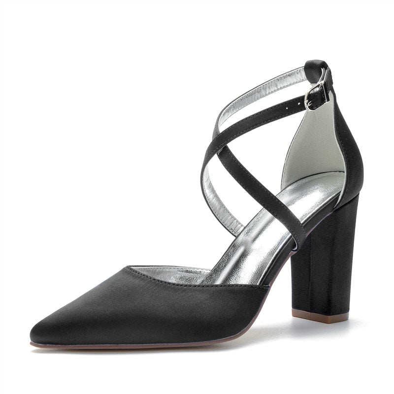 Funki Findz | Shoes | Women's Cross Strap Satin Block Heels