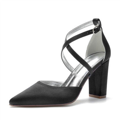 Funki Findz | Shoes | Women's Cross Strap Satin Block Heels
