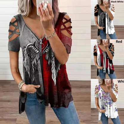 Funki Findz | Shirts | Women's Cross Strap Short Sleeve Zip Shirt