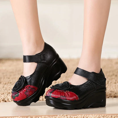 Funki Findz | Shoes | Women's Cute Red Flower Leather Wedges