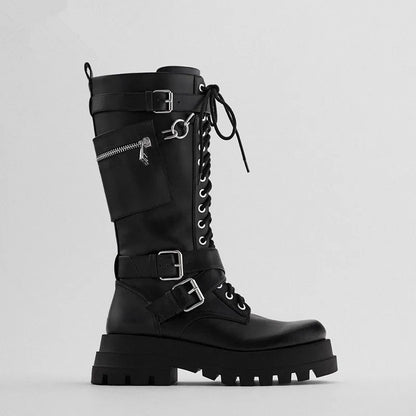 Funki Findz | Boots | Women's Knee High Silver Chain Biker Boot