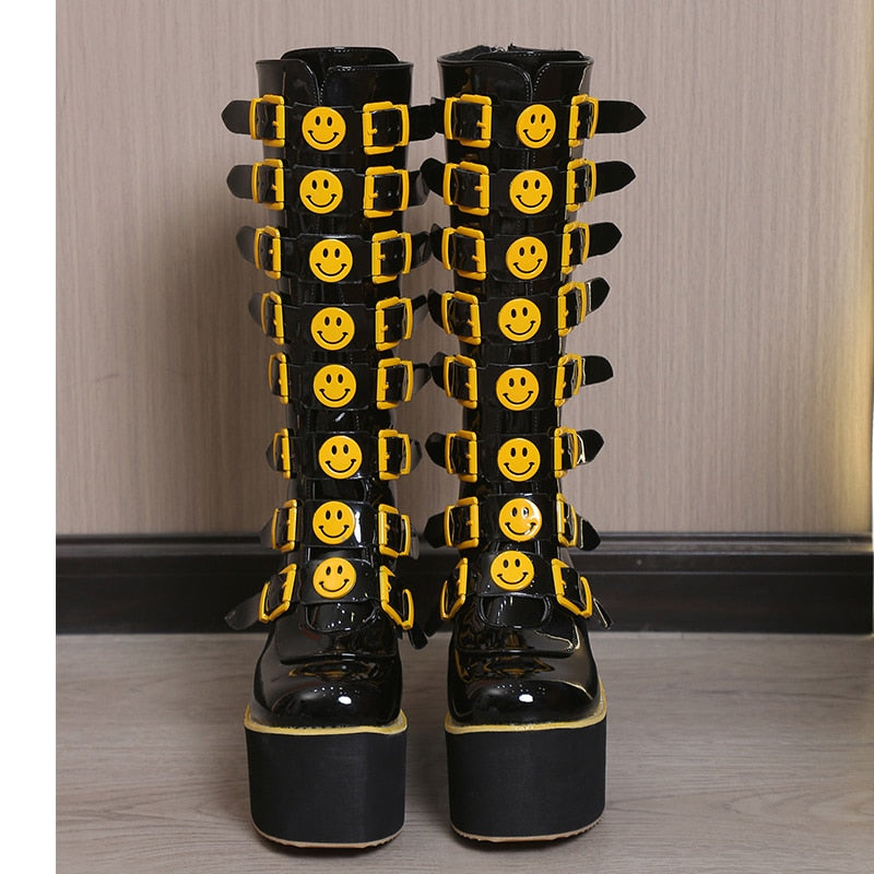 Funki Findz | Boots | Women's Black Yellow Smiley Face Boots