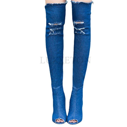 Funki Findz | Boots | Women's Denim Over Knee Stiletto Boots