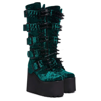 Funki Findz | Boots | Women's Green Wedge Platform Rivet Boots