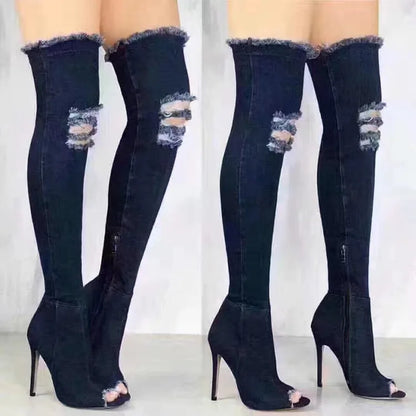 Funki Findz | Boots | Women's Denim Over Knee Stiletto Boots
