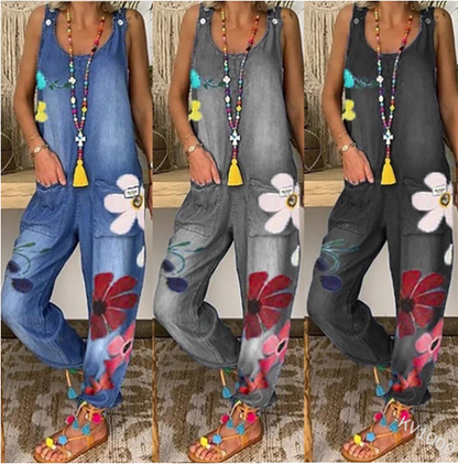 Funki Findz | Pants | Women's Boho Denim Flower Print Romper