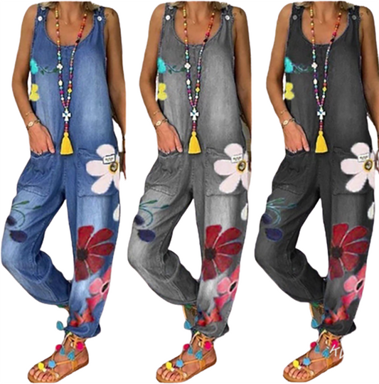 Funki Findz | Pants | Women's Boho Denim Flower Print Romper