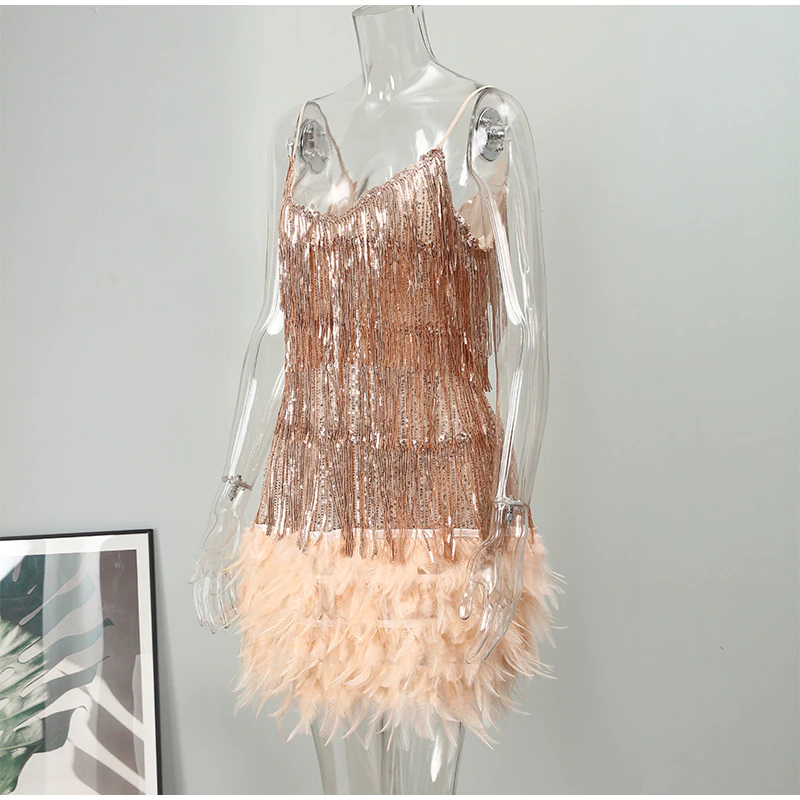 Funki Findz | Dresses | Women's Sequin Feather Fringe Dress
