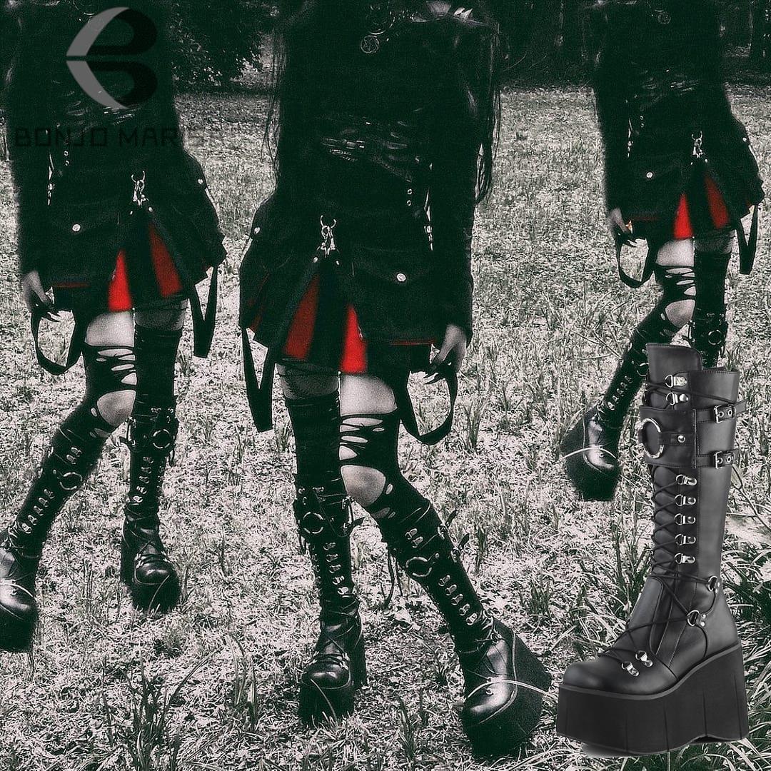 Funki Findz | Boots | Women's Goth Lace Up Platform Wedges