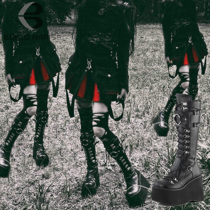 Funki Findz | Boots | Women's Goth Lace Up Platform Wedges