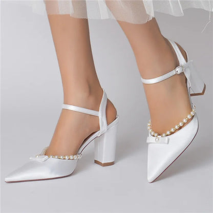 Funki Findz | Shoes | Women's Satin Pearl Wedding Block Heels